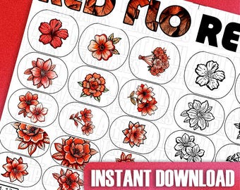Floral Nail Art Template Pack | Red Flowers Design | Digital Nail Art Practice Sheets | Nail Transfer Guide | Nail Sticker Template