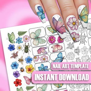 Puede incluir: Plantillas de arte de uñas con diseños de mariposas, flores e insectos en varios colores. La hoja incluye el texto "NAIL ART TEMPLATE" y "INSTANT DOWNLOAD". La imagen también muestra una mano con uñas pintadas con diseños de mariposas y flores.