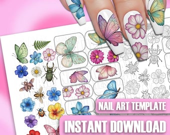 Nail Art Template: Butterfly Flower Insect Decals Stickers Wraps Practice Sheet