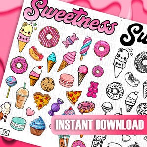 Op de afbeelding: Een digitaal vel met kleurrijke, cartoonachtige stickers met verschillende zoete lekkernijen, waaronder donuts, ijshoorns, snoep en cupcakes. Het vel is getiteld "Sweetness" en bevat de tekst "Direct downloaden".