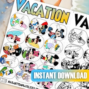 Summer Holiday Nail Art Templates | Cute Cartoon Characters | Vacation Nail Practice Sheets | Beach Theme | Digital Nail Design Guide