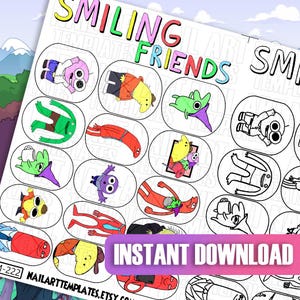Colorful Cartoon Nail Art Templates | Funny Character Nail Decals | Nail Design Sheets | Practice Sticker Pages | Digital Nail Art Printable