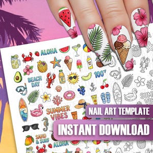 Puede incluir: Plantilla de arte de uñas con diseños de verano. Incluye imágenes de sandía, helado, flores de hibisco e iconos de playa. También se ve el texto "Summer Vibes" e "Instant Download".