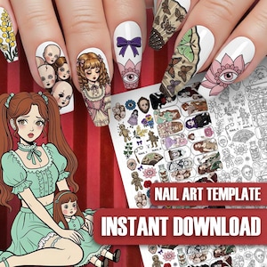 May include: A hand with long, white, decorated nails featuring doll and butterfly designs. A nail art template with the words "NAIL ART TEMPLATE" and "INSTANT DOWNLOAD" is also visible. The overall theme is gothic and vintage.