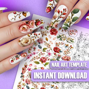 May include: A close-up of a hand with long, white, floral-decorated nails. The nails feature detailed designs of pink, red, and cream-colored flowers with green leaves. A sheet with additional floral nail art templates and the text "NAIL ART TEMPLATE" and "INSTANT DOWNLOAD" is visible.