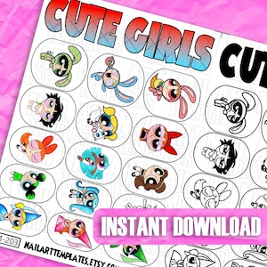 Cute Hero Girls Nail Art Templates | Cartoon Inspired Nail Decals | DIY Nail Design Sheet | Manicure Practice Guide | Superhero Nail Sticker