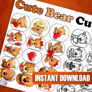 Può includere: Un foglio di adesivi con orsetti di peluche dei cartoni animati in varie pose, alcuni con cuori o fiori. Il testo "Cute Bear" è in alto e "Instant Download" in basso. Gli orsi sono marroni con accenti rossi e rosa.