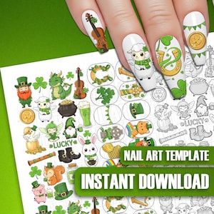 Puede incluir: Plantilla de arte de uñas con diseños del Día de San Patricio. Los diseños incluyen un violín, una oveja, una herradura y una moneda de oro. La plantilla también incluye el texto "NAIL ART TEMPLATE" y "INSTANT DOWNLOAD".