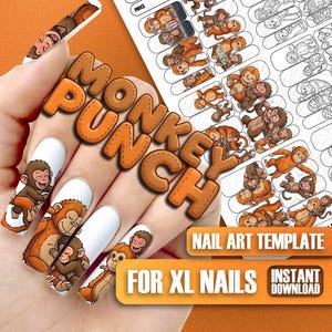 Könnte beinhalten: Eine Hand mit langen, weißen Nägeln, die mit Nagelkunst im Affen-Design verziert sind. Die Nägel zeigen Cartoon-Affen in verschiedenen Posen. Die Worte "MONKEY PUNCH" sind in großen, orangefarbenen, genähten Buchstaben geschrieben. Das Bild enthält auch den Text "NAIL ART TEMPLATE" und "FOR XL NAILS INSTANT DOWNLOAD".