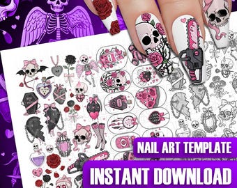 May include: Nail art template featuring gothic designs such as skulls, roses, hearts, and chainsaws in black, white, and pink. The image also shows a hand with nail art in a similar style. Text on the image reads "NAIL ART TEMPLATE" and "INSTANT DOWNLOAD."