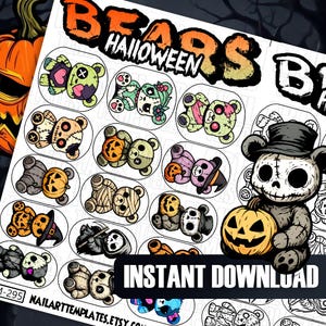 Può includere: Un foglio di modelli per nail art a tema Halloween con vari disegni di orsetti spettrali. I disegni includono orsi con teste di zucca, bende e cappelli da strega. Le parole "BEARS HALLOWEEN" e "INSTANT DOWNLOAD" sono visibili.