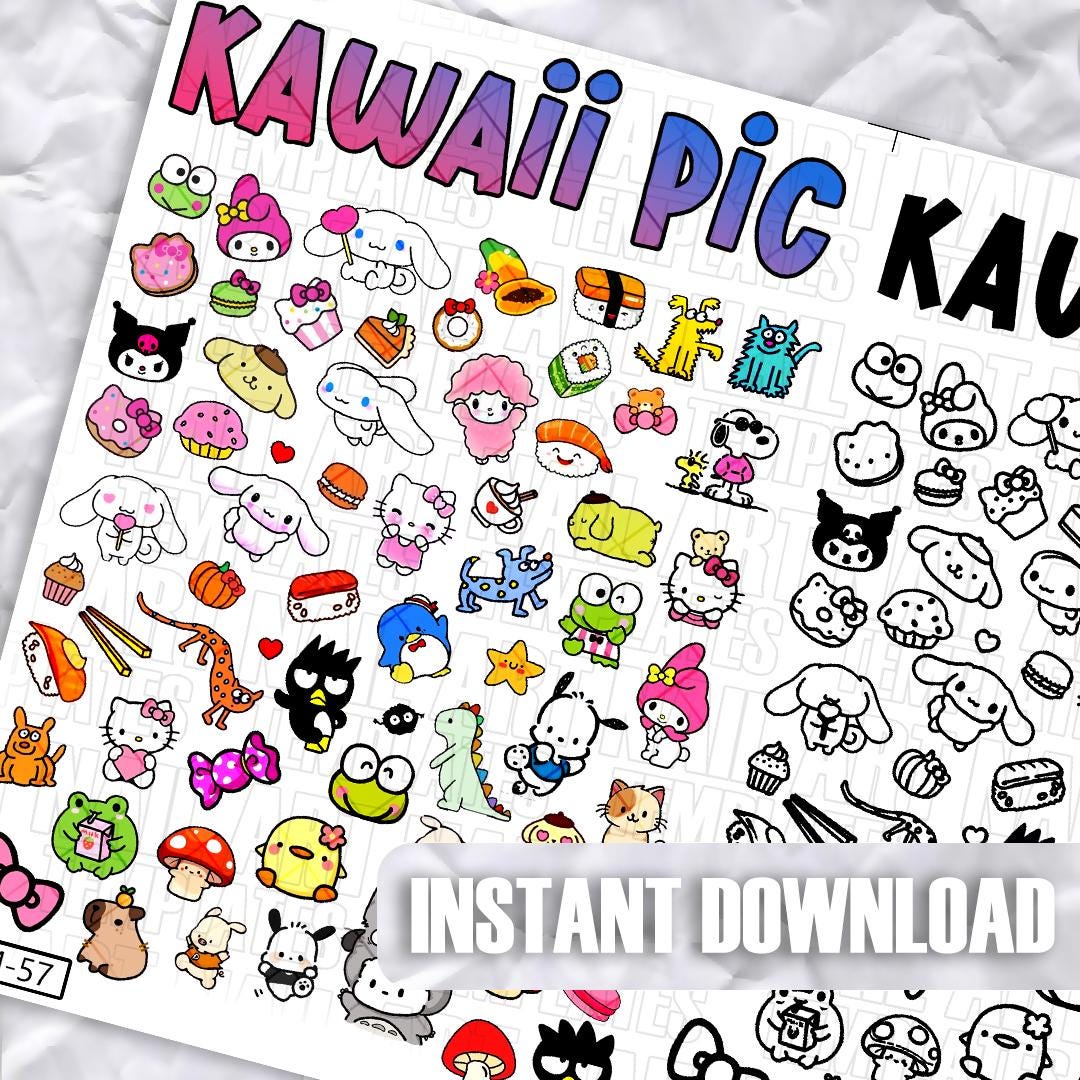 Kawaii Nail Art Templates | Cute Character Nail Decals | Practice Sheet | Digital Nail Art Guide ...