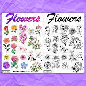 Puede incluir: Una hoja de pegatinas para el arte de las u&ntilde;as con una variedad de dise&ntilde;os de flores. La hoja incluye flores de colores y en blanco y negro. El texto "Flowers" aparece en la parte superior de la hoja. El texto "TCM-84" aparece en la parte inferior de la hoja.