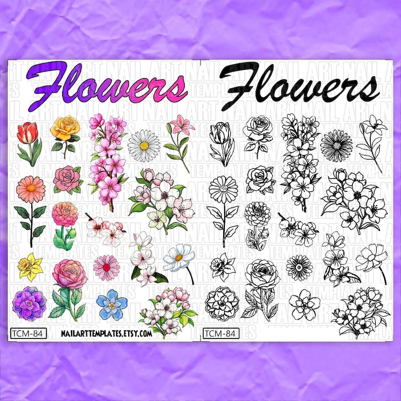 Puede incluir: Una hoja de pegatinas para el arte de las u&ntilde;as con una variedad de dise&ntilde;os de flores. La hoja incluye flores de colores y en blanco y negro. El texto "Flowers" aparece en la parte superior de la hoja. El texto "TCM-84" aparece en la parte inferior de la hoja.