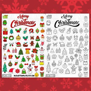 K&ouml;nnte beinhalten: Zwei Bl&auml;tter mit Weihnachtsmotiven f&uuml;r die Nagelkunst. Ein Blatt zeigt bunte Bilder von Weihnachtskugeln, B&auml;umen, Geschenken, Zuckerstangen und anderen festlichen Designs. Das andere Blatt zeigt die gleichen Motive in Schwarzwei&szlig;. Beide Bl&auml;tter haben oben den Text "Frohe Weihnachten".
