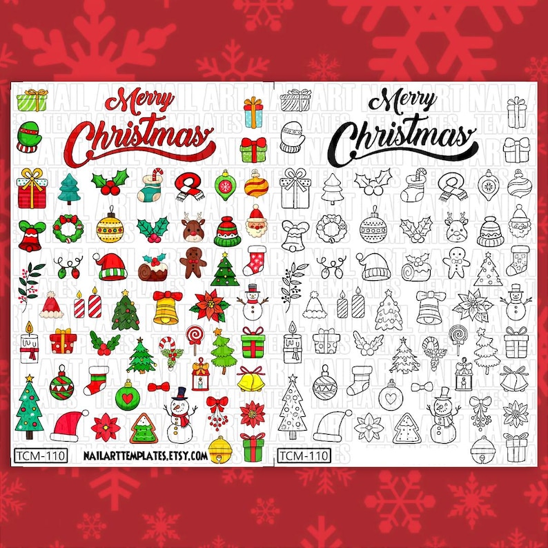 K&ouml;nnte beinhalten: Zwei Bl&auml;tter mit Weihnachtsmotiven f&uuml;r die Nagelkunst. Ein Blatt zeigt bunte Bilder von Weihnachtskugeln, B&auml;umen, Geschenken, Zuckerstangen und anderen festlichen Designs. Das andere Blatt zeigt die gleichen Motive in Schwarzwei&szlig;. Beide Bl&auml;tter haben oben den Text "Frohe Weihnachten".