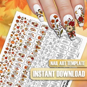 Autumn Floral Nail Art Template: Fall Leaves, Botanical Decals, Printable Sticker Practice Sheet