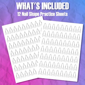 Peut inclure: Deux feuilles de papier blanches avec des rang&eacute;es de contours de formes d'ongles. Le texte "WHAT'S INCLUDED" et "12 Nail Shape Practice Sheets" sont en haut. Le fond est un d&eacute;grad&eacute; de violet et de rose.