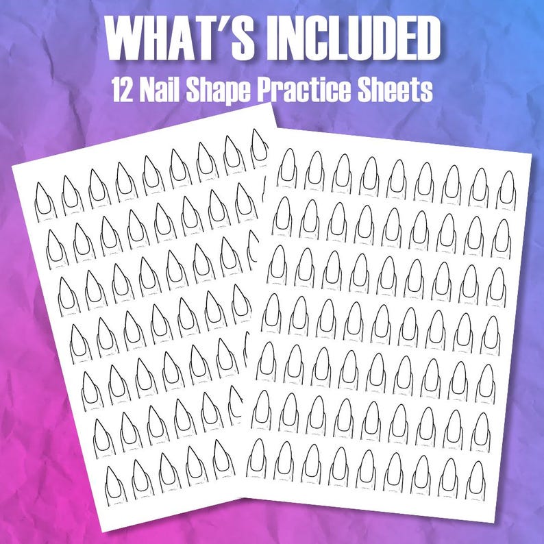 Peut inclure: Deux feuilles de papier blanches avec des rang&eacute;es de contours de formes d'ongles. Le texte "WHAT'S INCLUDED" et "12 Nail Shape Practice Sheets" sont en haut. Le fond est un d&eacute;grad&eacute; de violet et de rose.