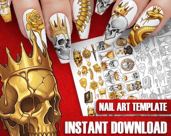 Plantilla de decoración de uñas: Hoja de práctica de calcomanías de calaveras góticas doradas con corona