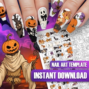 May include: A sheet of Halloween-themed nail art decals featuring various designs including pumpkins, ghosts, a scarecrow, a black bird, and floral patterns. The sheet includes the text NAIL ART TEMPLATE and INSTANT DOWNLOAD in purple boxes.