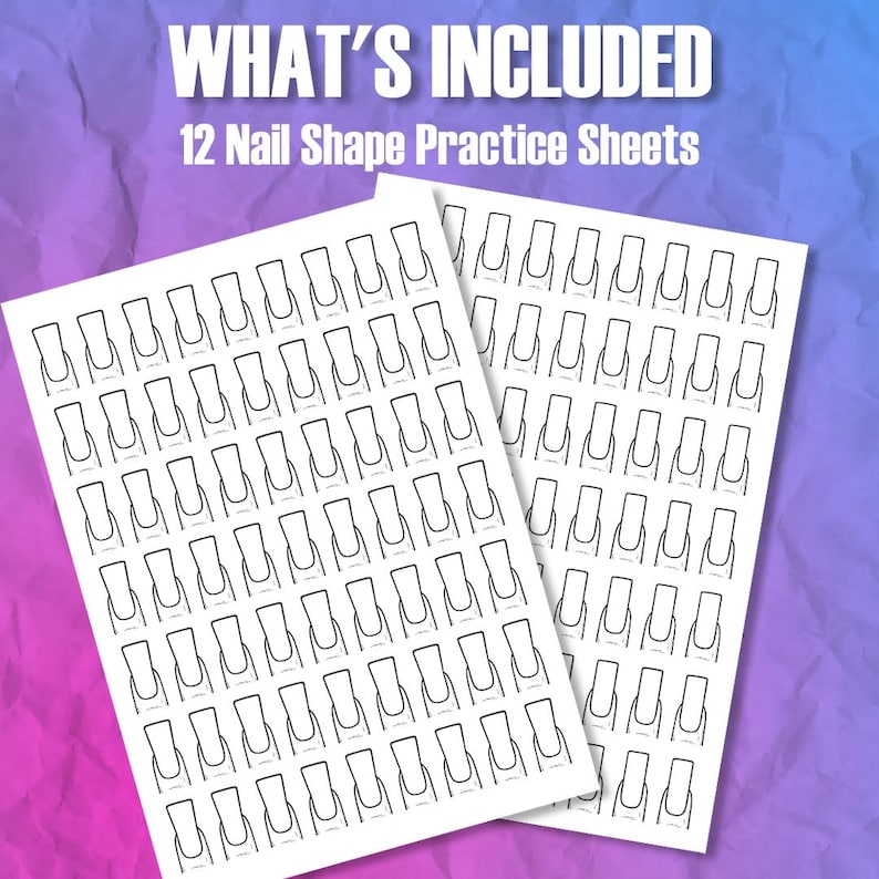 Peut inclure: Deux feuilles blanches avec des rang&eacute;es de contours de formes d'ongles. Le texte "WHAT'S INCLUDED" et "12 Nail Shape Practice Sheets" est en haut. Le fond est un d&eacute;grad&eacute; de violet et de rose.