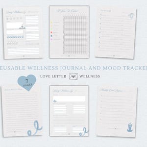 Wiederverwendbares und druckbares Wellness Journal und Mood Tracker in Ozeanblau