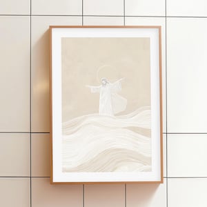 Jesus Walking on Water Print: Beige Christian Wall Art (Digital Download)