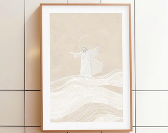 Jesus Walking on Water Print: Beige Christian Wall Art (Digital Download)