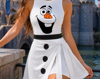 Olaf Snowman Elsa Princess Cosplay Wrap Skort Dress, Snowman Frozen Cosplay Dress, Snowman Costume Dress, Halloween Girls Trip Outfit