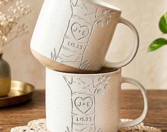 Personalized Engraved Pottery Mug For Couple, Wedding Gift, Custom Carved Initials In A Heart Tree Mug, Engagement Gifts, Newlywed Gift