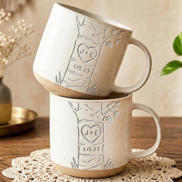 Personalized Engraved Pottery Mug For Couple, Wedding Gift, Custom Carved Initials In A Heart Tree Mug, Engagement Gifts, Newlywed Gift