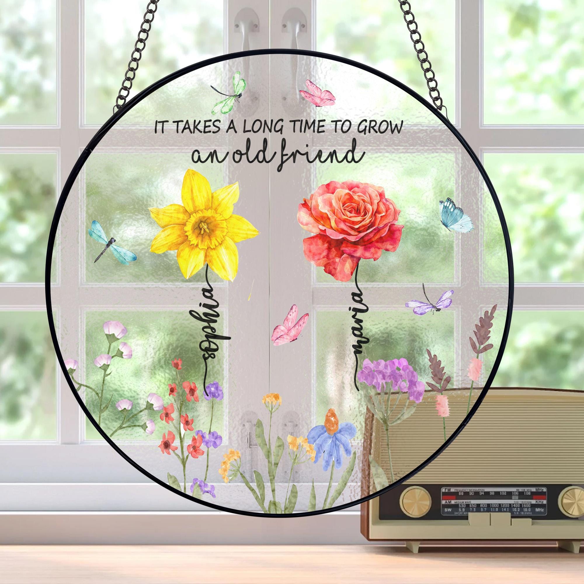 It Takes A Long Time To Grow An Old Friend, Custom Best Friends Stained Glass, Soul Sisters Suncatcher, Friendship Besties Birthday Gift