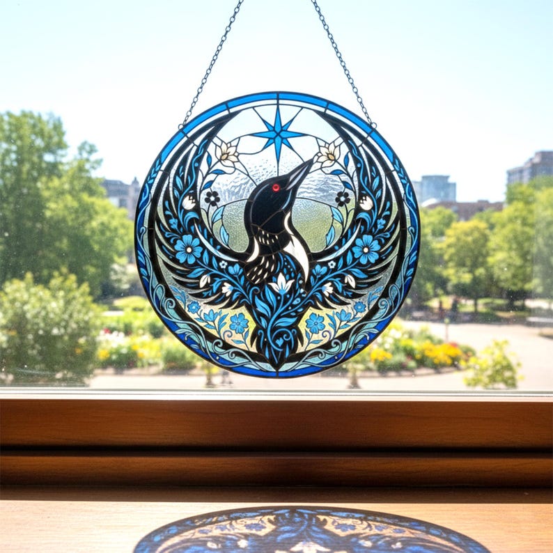 May include: A round stained glass window featuring a black and white bird with a red eye, surrounded by blue floral and leaf designs. The bird is set against a clear background with a blue star at the top. A chain is attached for hanging.