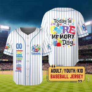May include: White baseball jersey with blue pinstripes. The front displays "INSIDE OUT" and a space for a name. The back has the text "Today is a CORE MEMORY Day". Available in adult, youth, and kid sizes. Features colourful graphics.