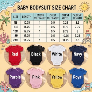 a baby bodysuit size chart with different colors