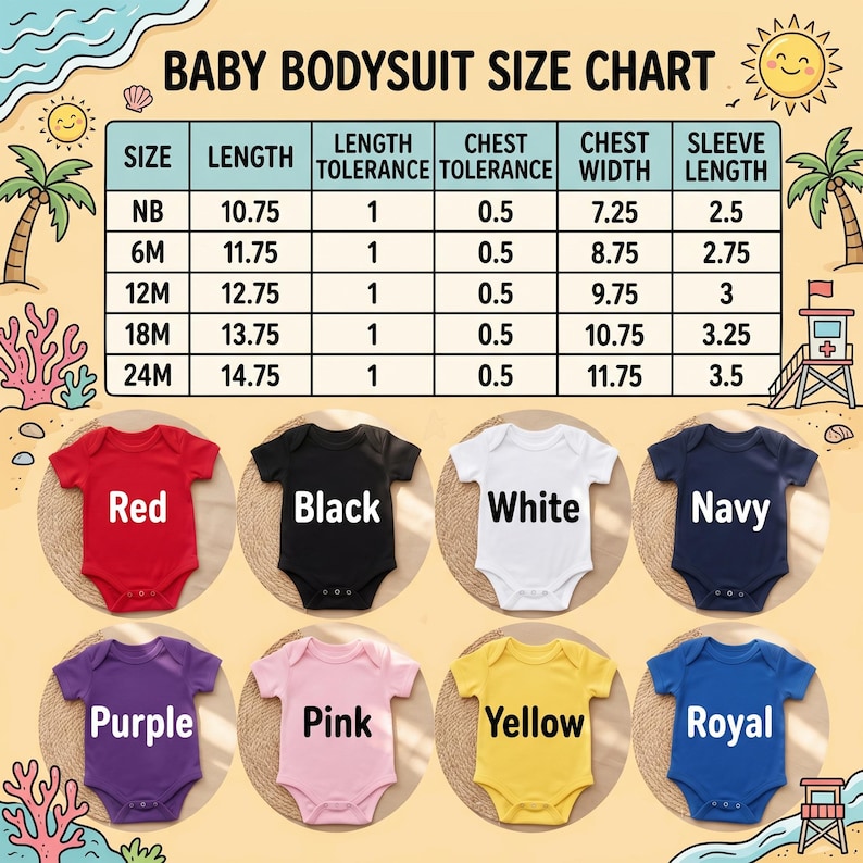 a baby bodysuit size chart with different colors