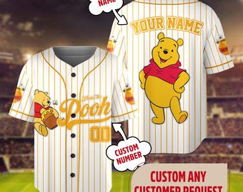 Custom Winnie the Pooh Bear Disney Baseball Jersey, Custom Kid Youth Adult Jersey, Baseball Trip Gift for Sport Fans