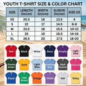 The image is a youth t-shirt size and color chart, which includes a table with the sizes and corresponding colors for different age groups. The chart also displays a collection of colorful t-shirts in various colors, including red, black, white, navy, purple, light pink, green, gold, light blue, dark blue, heliocera, forest green, orange, violet, ash, and daisy.
