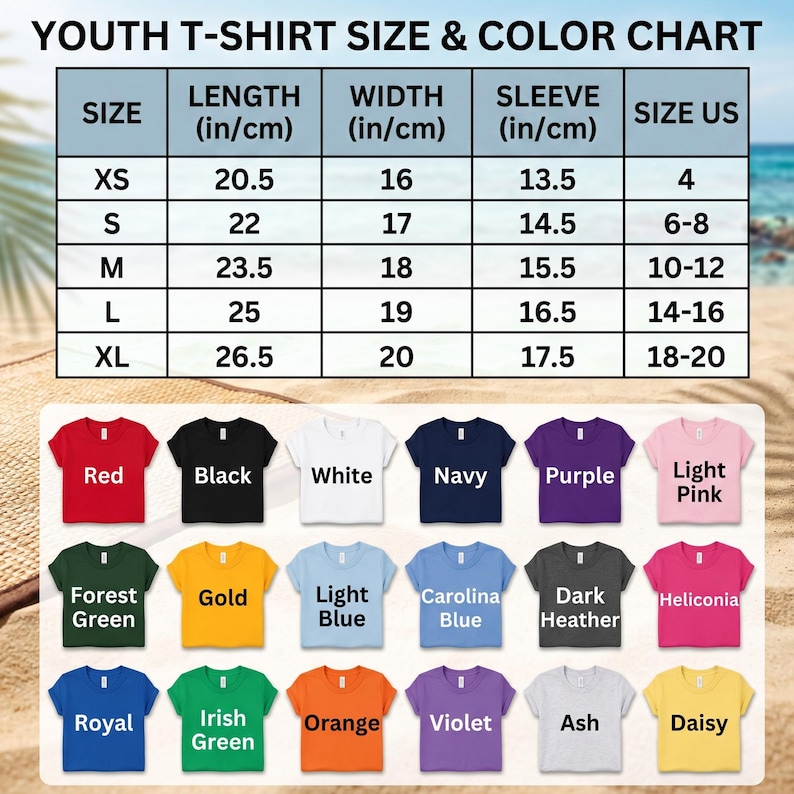 The image is a youth t-shirt size and color chart, which includes a table with the sizes and corresponding colors for different age groups. The chart also displays a collection of colorful t-shirts in various colors, including red, black, white, navy, purple, light pink, green, gold, light blue, dark blue, heliocera, forest green, orange, violet, ash, and daisy.