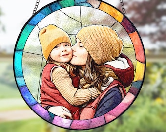 Custom Mom Portrait Stained Glass, Personalized Mothers Day Gift For Mom, Mom Birthday Gifts, Mom Gift From Kids, Photo Glass Art Suncatcher