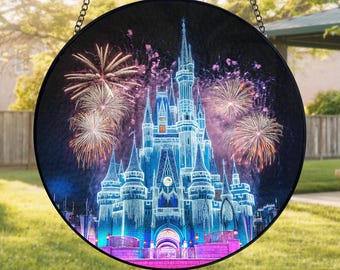 Cinderella&#39;s Castle Magic Kingdom Stained Glass Suncatcher, Magic Kingdom Glass Suncatcher, Disney Window Decor Magical Kingdom