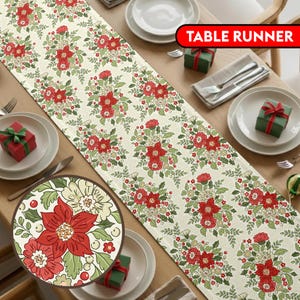 May include: Cream-colored table runner with a repeating floral pattern of red poinsettias, green leaves, and white accents. The runner is rectangular and features the text "TABLE RUNNER" in a red banner.