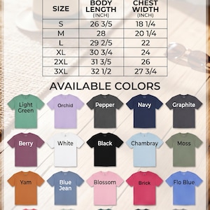 The image is a color chart for a t-shirt, displaying various sizes and colors available for purchase.