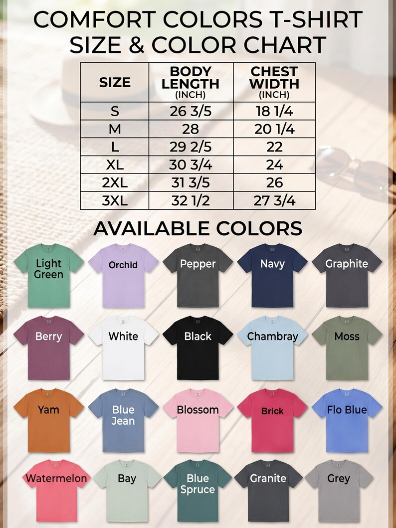 The image is a color chart for a t-shirt, displaying various sizes and colors available for purchase.