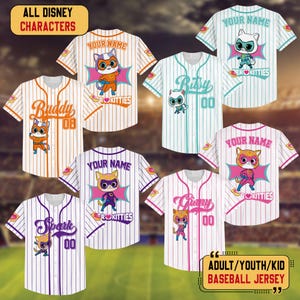 Custom Disney SuperKitties Baseball Jersey, Junior Super Kitties Ginny Sparks Buddy Bitsy Birthday Gift, Disneyland SuperKitties Trip Jersey