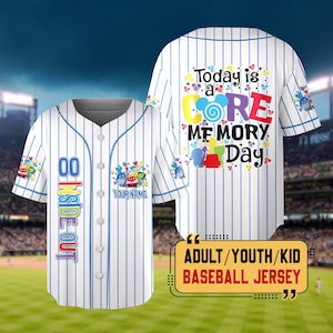 May include: A white baseball jersey with blue pinstripes featuring the text Today is a CORE MEMORY Day and INSIDE OUT. The front displays the number 00, the text YOUR NAME, and colorful character graphics. The back shows the same text and design.