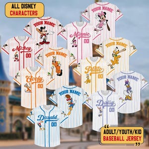 Personalize Disney Baseball Mickey & Friends Cute Striped White, Custom Disneyland Jersey Baseball Team, Disney Birthday Baseball Gift