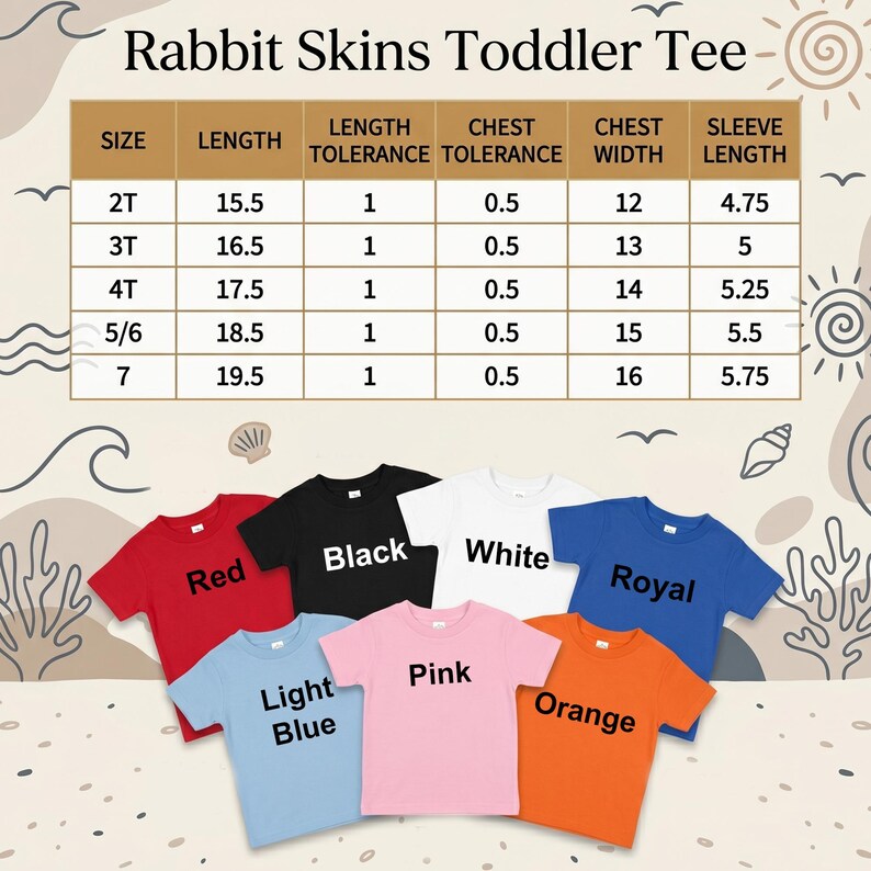 a collection of rabbit skins toddler t-shirts in various colors, including red, black, white, royal blue, pink, light blue, and orange. The t-shirts are arranged on a table, and there is a size chart and a table with length, chest, and sleeve measurements for the t-shirts.