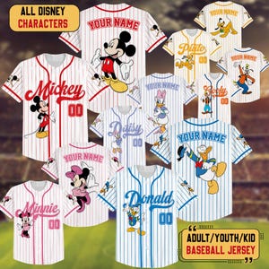 Personalize Disney Mickey & Friends Cute Striped White, Custom Disneyland Baseball Team, Mickey Mouse Birthday Tee, Gift for Disney Fans
